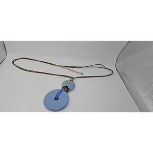 Blue Circular Pendant Necklace with Brown Cord and Gold Chain - BOHO